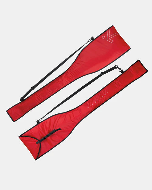 Hiko split paddle bag shown in red (front and back views) with silver logos