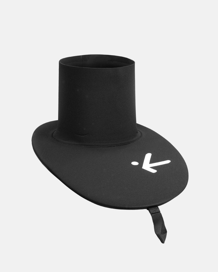 Black C1 spraydeck for canoe slalom cockpit on a white background - shows a white logo