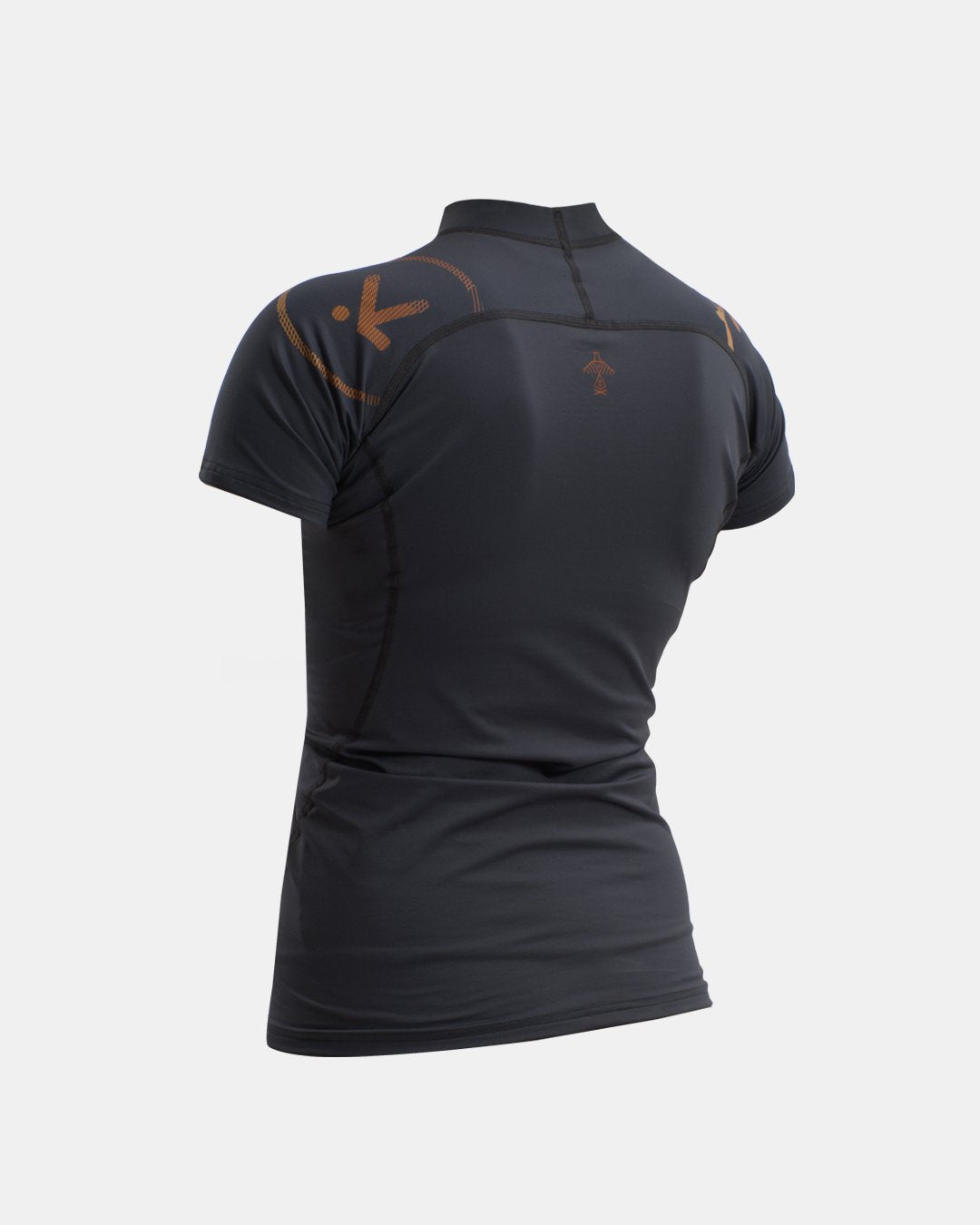 BACK VIEW OF BLACK RASH VEST WITH ORANGE LOGO ON WHITE BACK GROUND