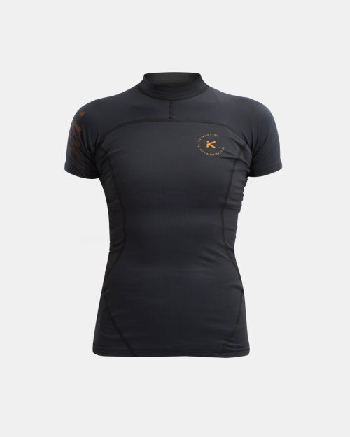 WOMEN'S CUT BLACK RASH VEST SHOIRT SLEEVED IN BLACK WITH ORANGE LOGO ON WHITE BACKGROUND