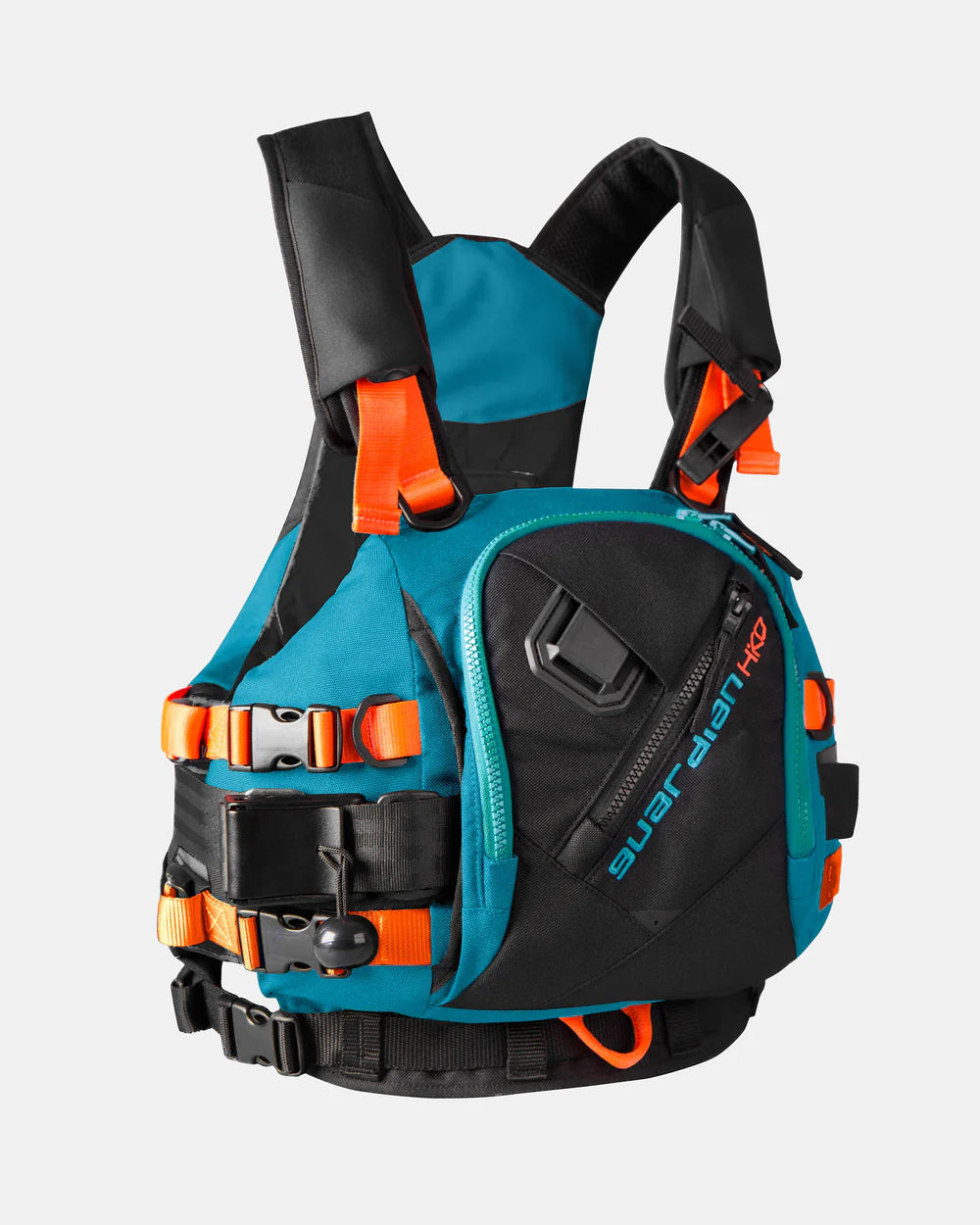 Hiko Guardian 3.D PFD for whitewater kayaking shown in colourway Waikiki (black, blue, orange)
