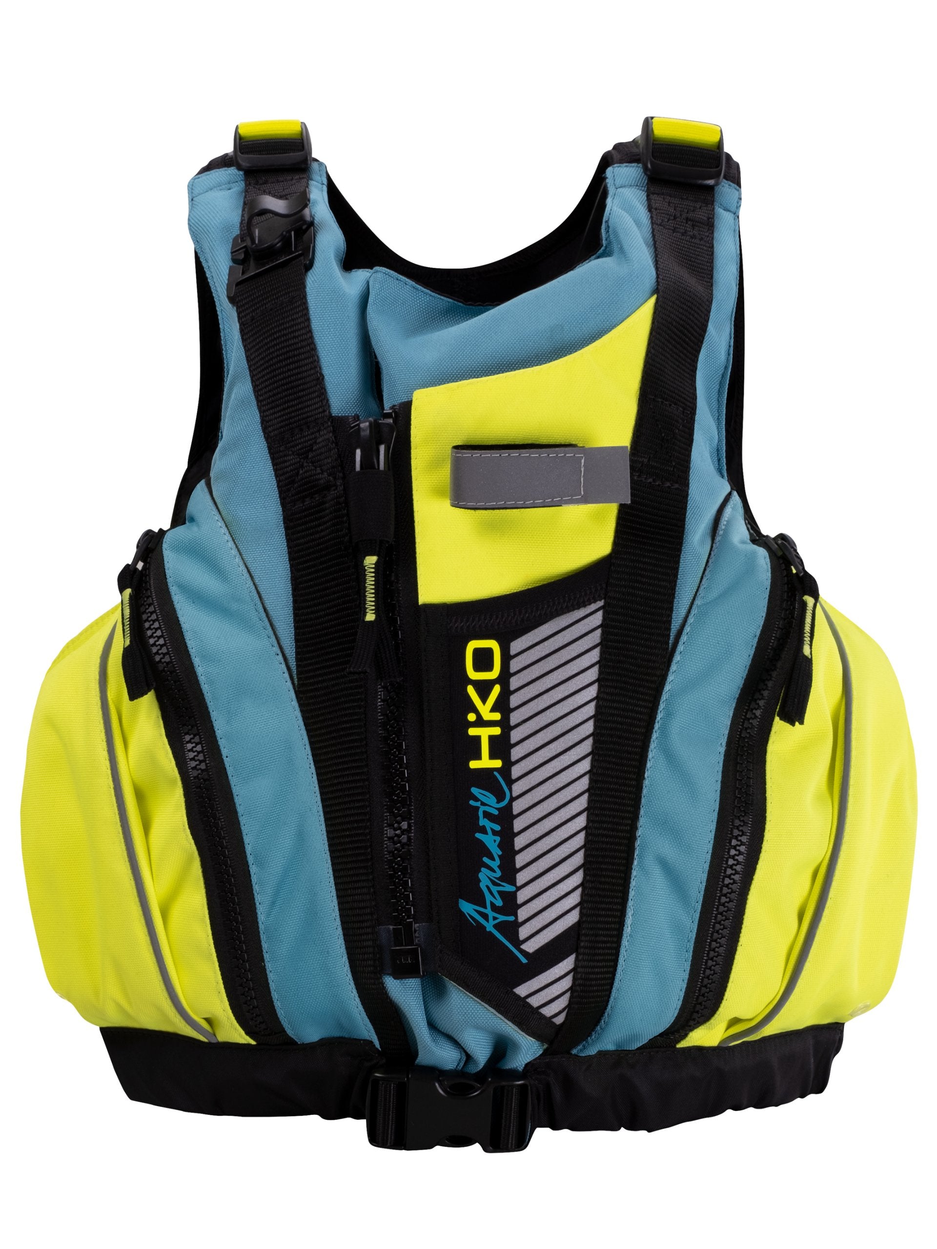 FRONT VIEW OF A YELLOW AND BLUE BUOYNACY AID WITH HIKO LOGO CENTRE FRONT