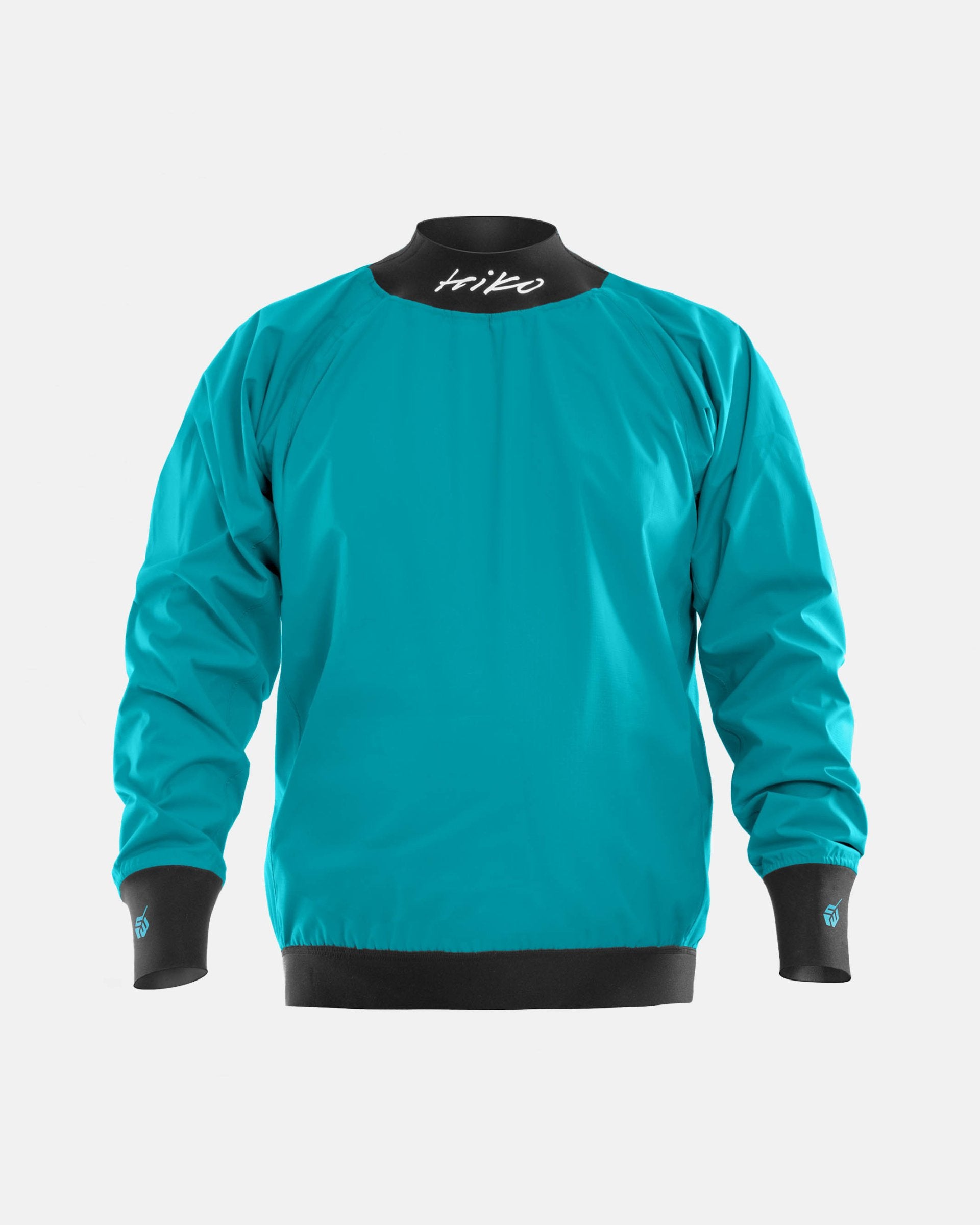 Long sleeved splash top in blue with black cuffs on a white background