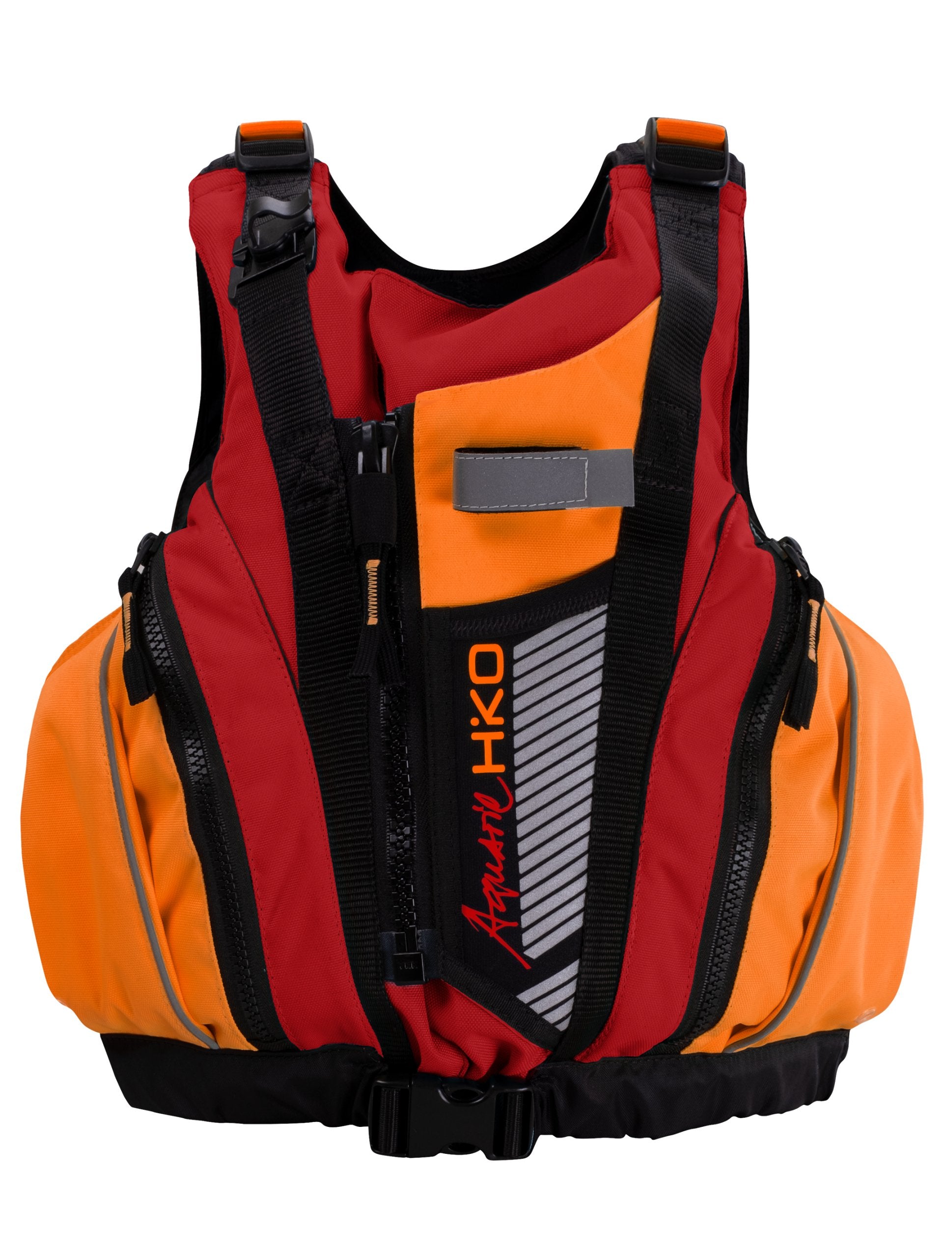 RED AND ORANGE BOUYANCY AID ON A WHITE BACKGROUND