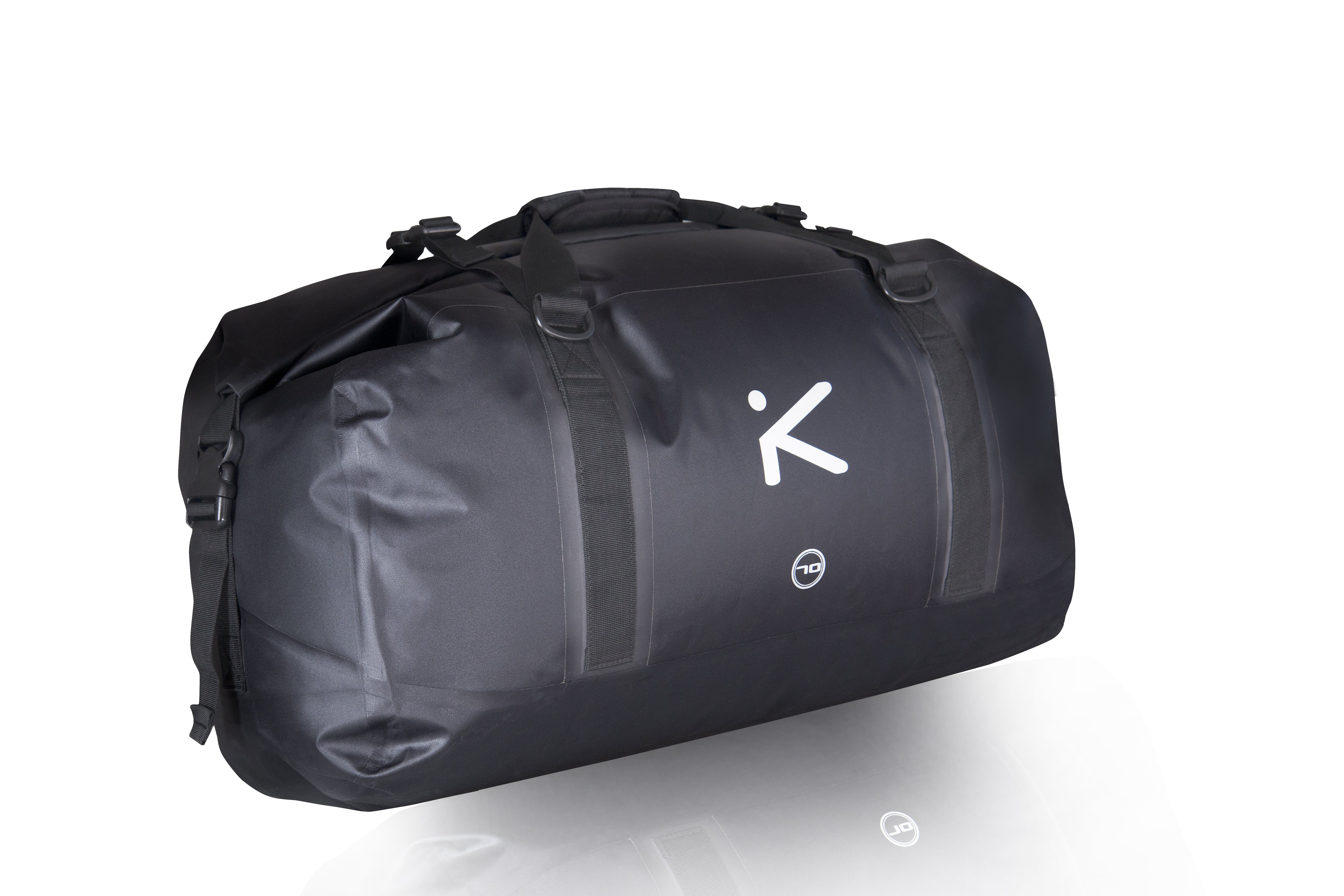 Hiko Aviator 70L dry bag - front view in black showing Hiko logo at centre front