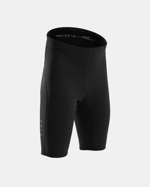 Black neoprene shorts for watersports on a white background