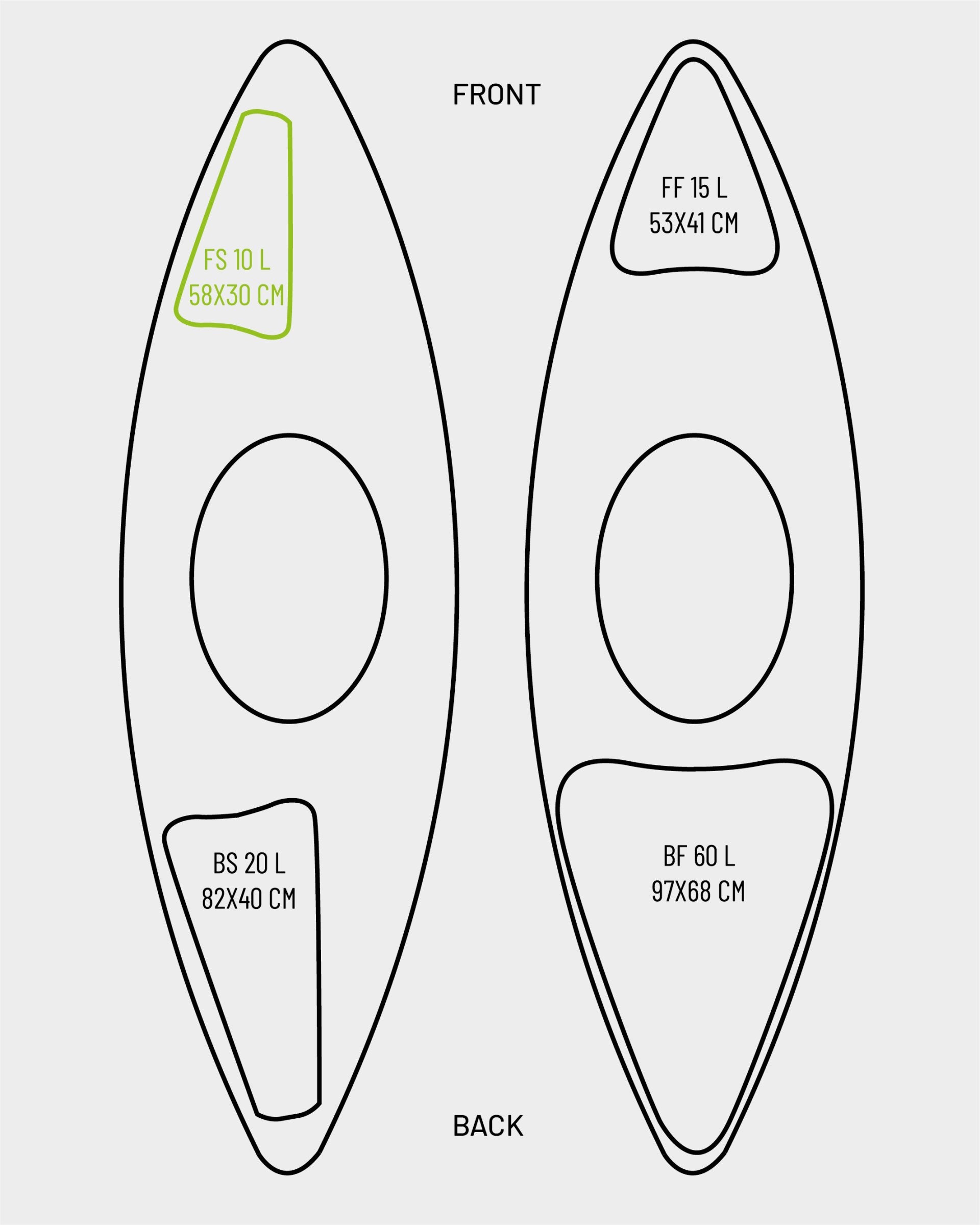 DIAGRAM SHOWING FRONT BUOYANCY BAG AND DIMENSION 58 X 30CM
