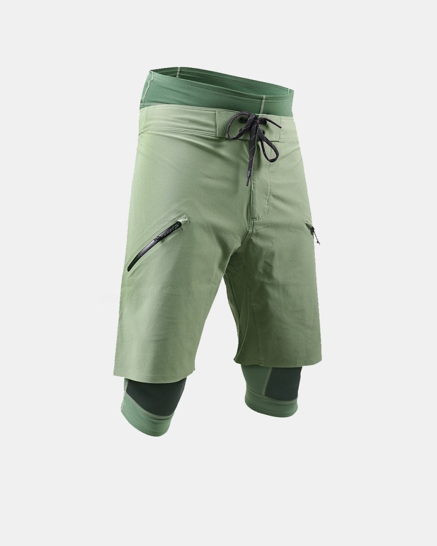SHADED OLIVE DOUBLE LAYER SHORTS ON WHIET BACKGROUND