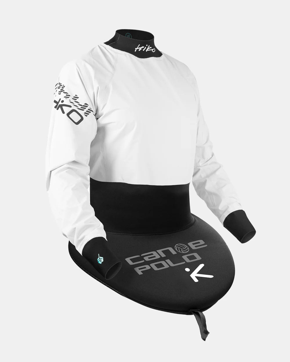 HIKO CANOE POLO TOPDECK - LONG SLEEVED - SHOWN IN WHITE ON A WHITE BACKGROUND FULL VIEW 
