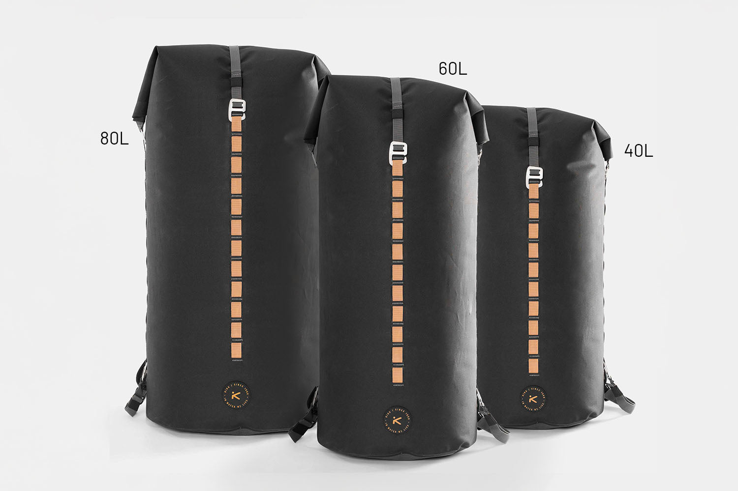 HIKO NOMAD DRYBAGS SHOWN IN 40L 60L AND 80L ON WHITE BACKGROUND 