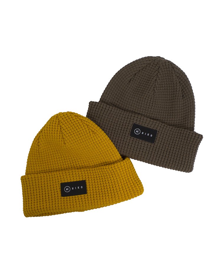 IMAGES SHOWS TWO BEANIE HATS - ONE OLIVE ONE MUSTARD
