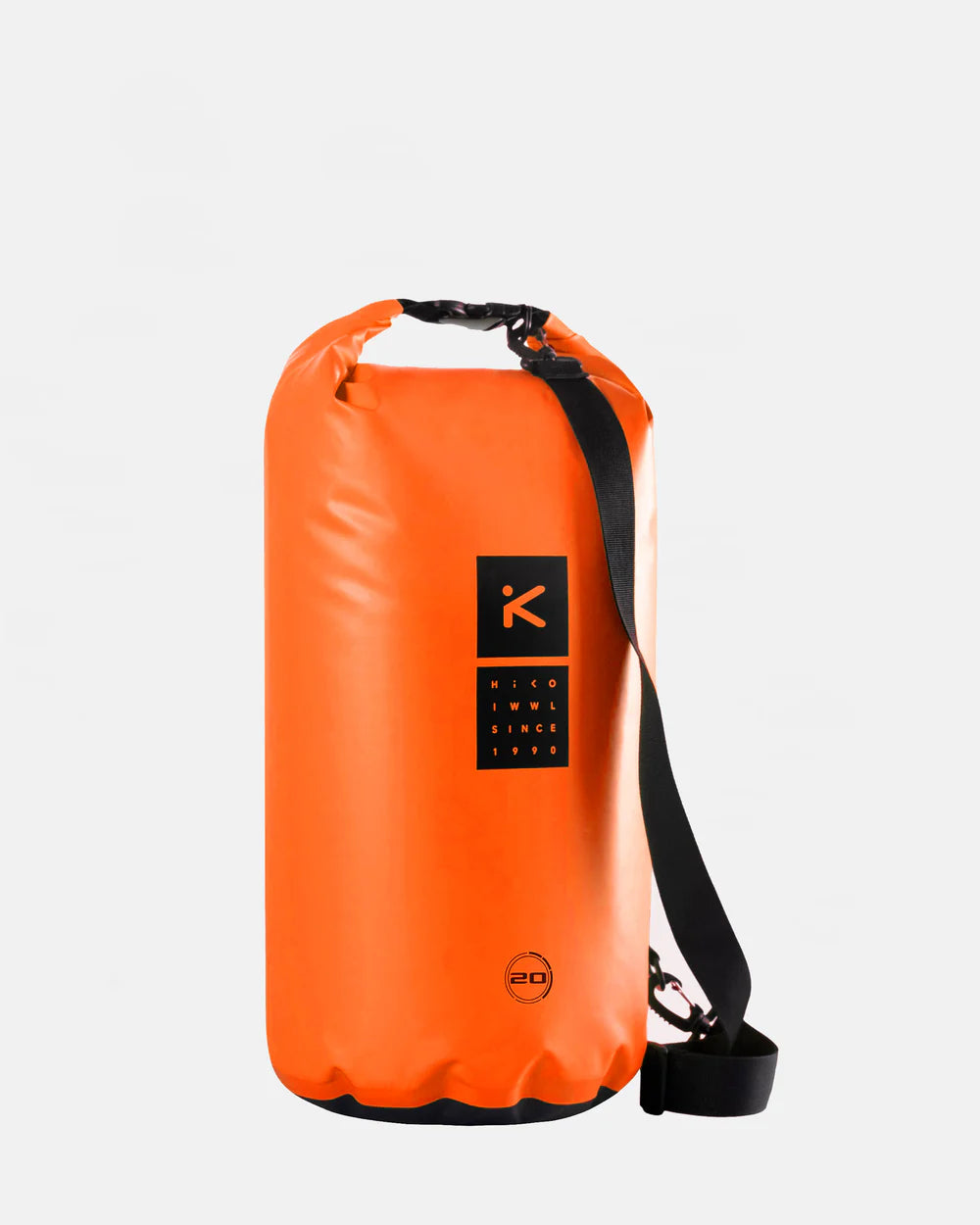 ORANEG DRY BAG WITH BLACK HIKO LOGO WHITE BACKGROUND 