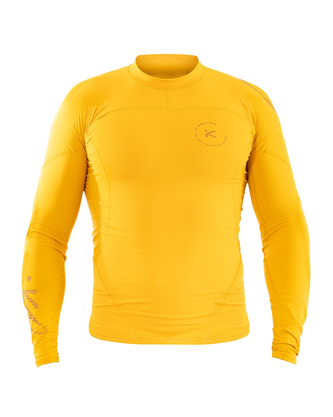 FRONT VIEW OF LONG SLEEVED SHADE V4 CROSS TOP IN MUSTARD 