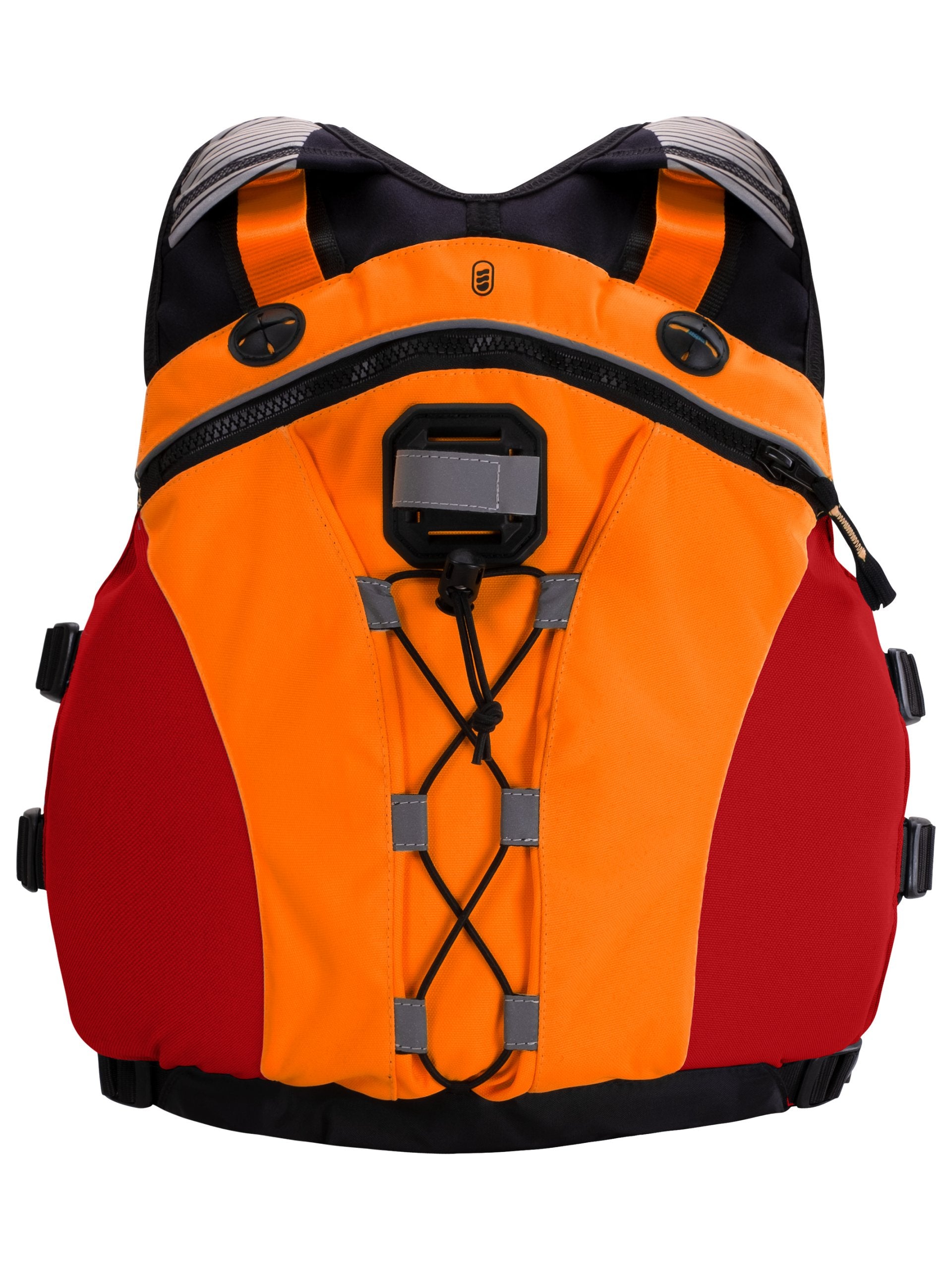 BACK VIEW OF A RED AND ORANGE BOUYANCY AID ON  A WHITE BACKGROUND 