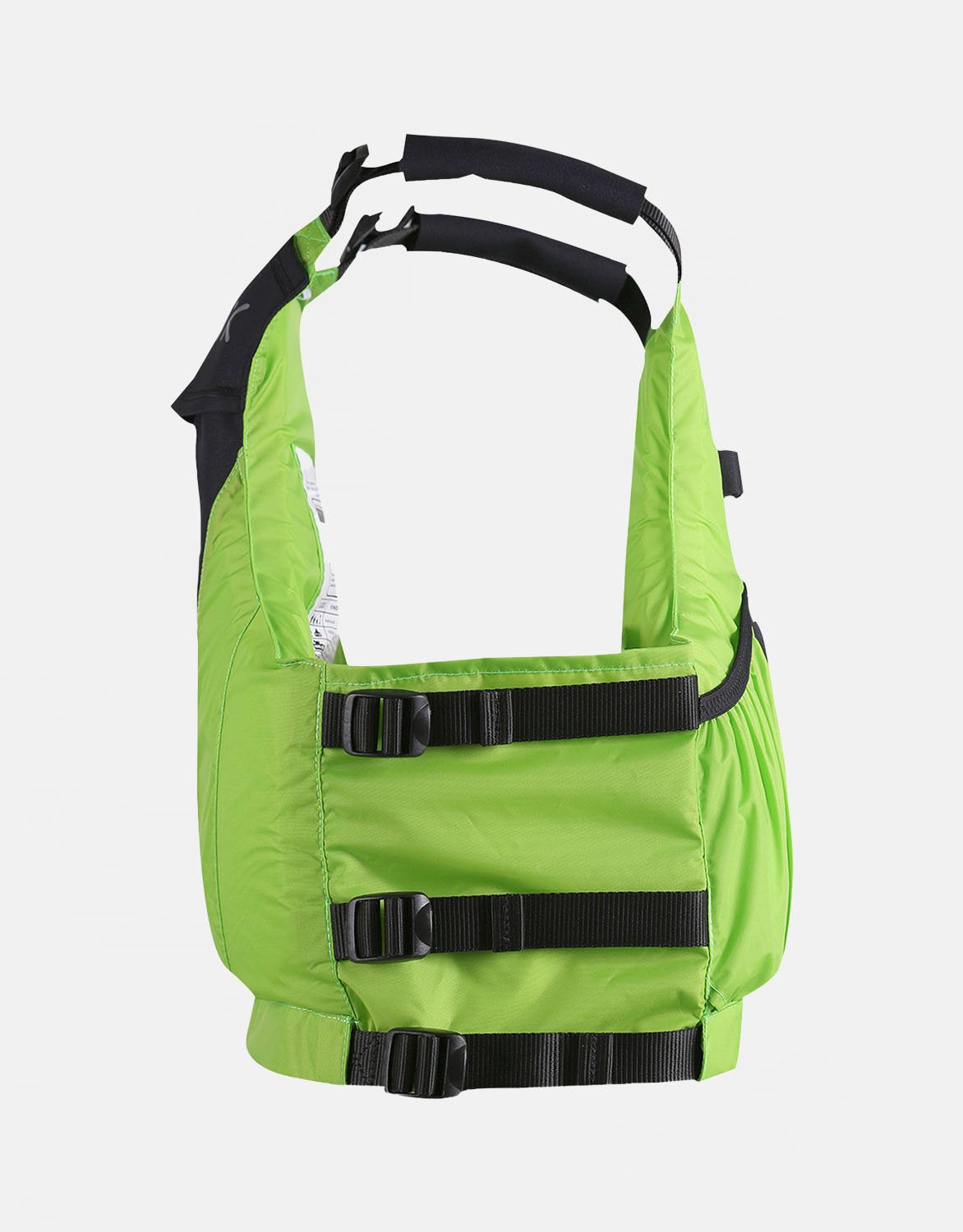 GREEN AND BLACK BUOYANCY AID - SIDE VIEW ON A WHITE BACKGROUND 