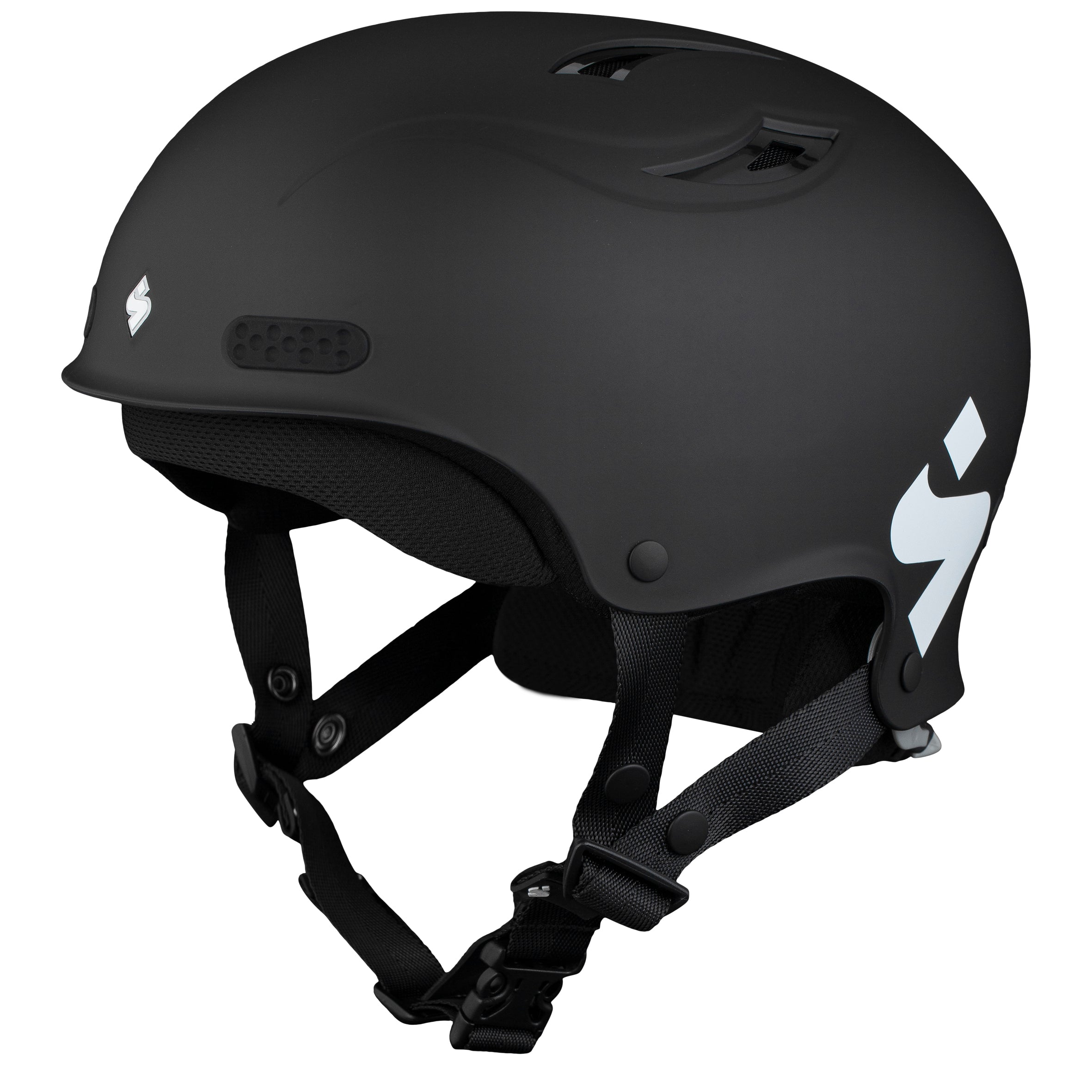 BALCK HELMET WITH WHITE LOGO ON WHITE BACKGROUND