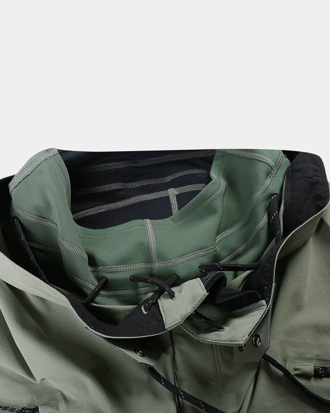 TOP VIEW  OF SHADED OLIVE SHORTS ON WHITE BACKGROUND 