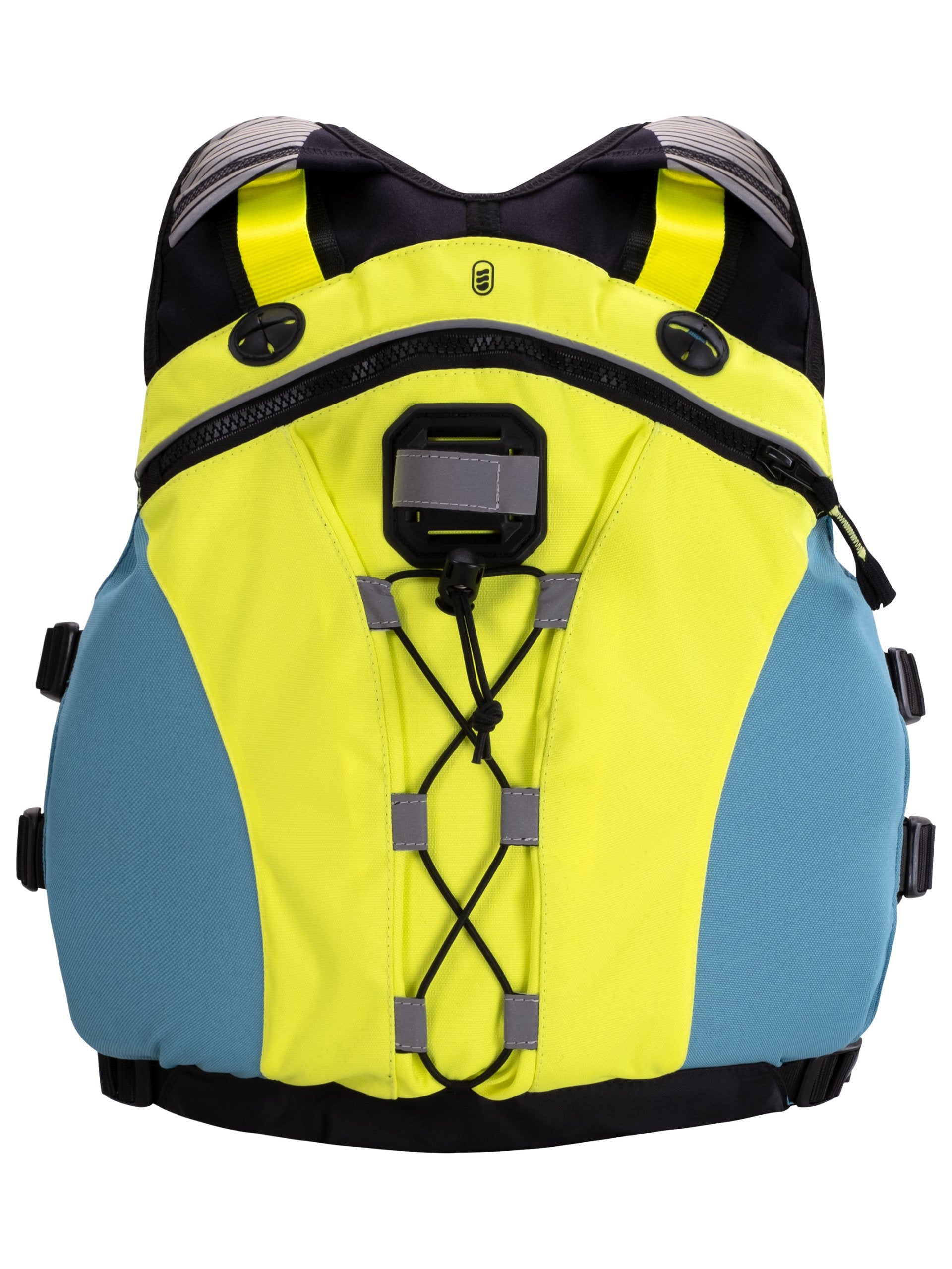 BLUE AND YELLOW BOUYANCY AID FOR TOURING ON A WHITE BACKGROUND 
