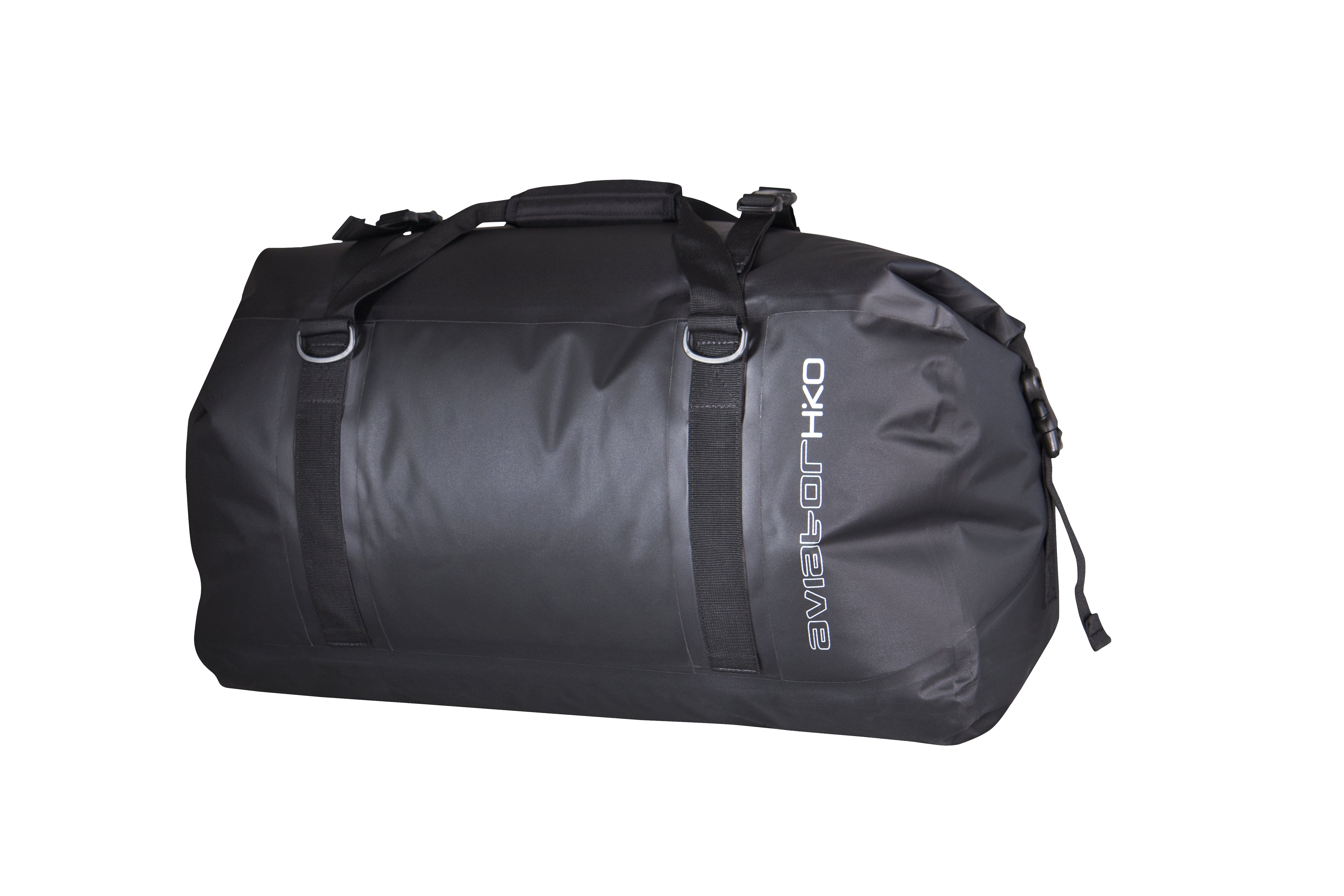 Hiko Aviator 70L dry bag - back view with logo shown on back left hand side 